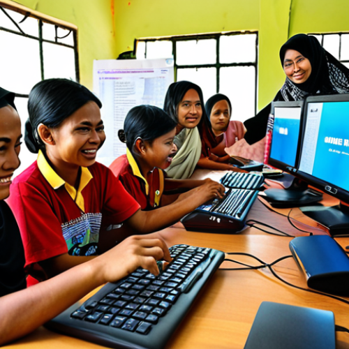Home 7 **A vibrant scene at a community internet center in a rural Malaysian village. Villagers of all ages are enthusiastically learning digital skills on computers, with a helpful instructor guiding them. The center is equipped with modern technology and decorated with local art, reflecting a sense of community ownership and pride.** (Focus: Community Internet Center, Digital Skills, Rural Malaysia)