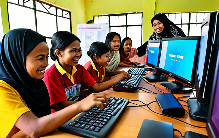 **A vibrant scene at a community internet center in a rural Malaysian village. Villagers of all ages are enthusiastically learning digital skills on computers, with a helpful instructor guiding them. The center is equipped with modern technology and decorated with local art, reflecting a sense of community ownership and pride.** (Focus: Community Internet Center, Digital Skills, Rural Malaysia)